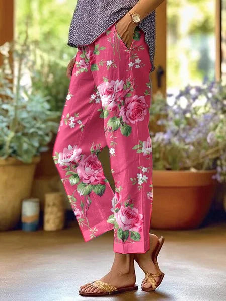 Hollie | Women's Rose Floral Pattern Trousers With Pockets
