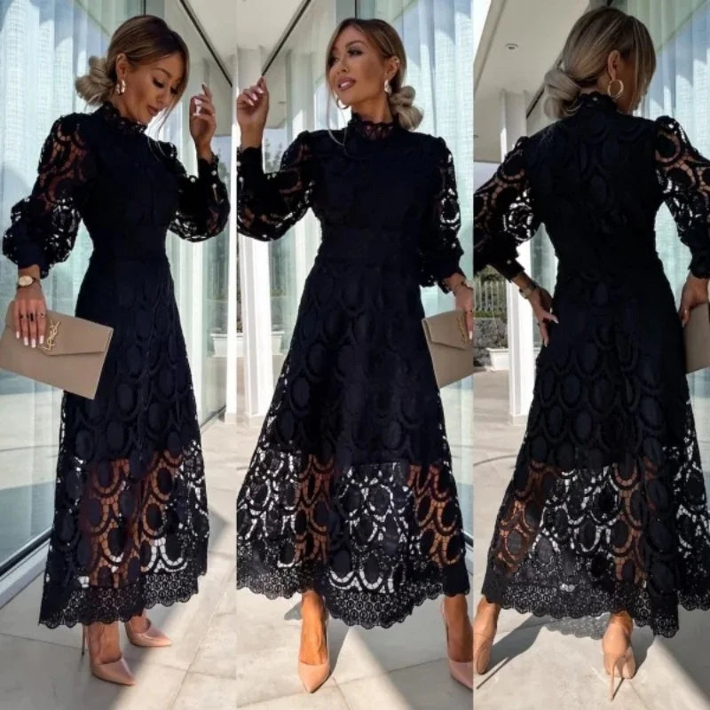 Thea | Long Lace Dress with High Neck and Puff Sleeves